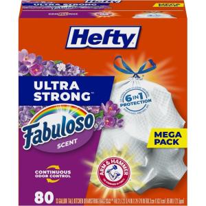 imageHefty Ultra Strong 13 Gallon Trash Bags Tall Kitchen Trash Bags 13 Gallon Size Resist Leaks Punctures and Rips Continuous Odor Control White Fabuloso Lemon Scent 80 BagsFabuloso