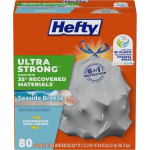 imageHefty Ultra Strong 13 Gallon Trash Bags Tall Kitchen Trash Bags 13 Gallon Size Resist Leaks Punctures and Rips Continuous Odor Control White Fabuloso Lemon Scent 80 BagsSeaside Breeze  Eco Friendly