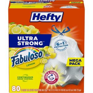 imageHefty Ultra Strong 13 Gallon Trash Bags Tall Kitchen Trash Bags 13 Gallon Size Resist Leaks Punctures and Rips Continuous Odor Control White Fabuloso Lemon Scent 80 BagsFabuloso Lemon