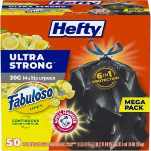 imageHefty Ultra Strong 30 Gallon Trash Bags Large Trash Bags 30 Gallon Size Multipurpose Break Resistant Drawstring Closure Resists Leaks Punctures and Tears Black Fabuloso Lemon Scent 50 BagsLemon