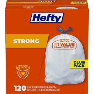 imageHefty Strong White 13 Gallon Trash Bags with Drawstrings Unscented Tall Kitchen Trash Bags Resists Leaks Punctures and Tears Durable Closure 120 CtWhite