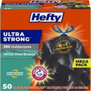 imageHefty Ultra Strong 30 Gallon Trash Bags Black Large Trash Bags 30 Gallon Size Multipurpose Break Resistant Drawstring Closure Resists Leaks Punctures and Tears Black Fabuloso Scent 50 BagsWhite