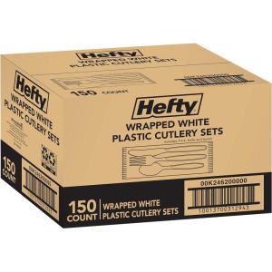 imageHefty Individually Wrapped Plastic White HeavyDuty Cutlery Disposable Flatware 150 Piece Set