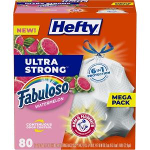 imageHefty Ultra Strong 13 Gallon Trash Bags Tall Kitchen Trash Bags 13 Gallon Size Resist Leaks Punctures and Rips Continuous Odor Control White Fabuloso Watermelon Scent 80 Bags