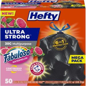 imageHefty Ultra Strong 30 Gallon Trash Bags Large Trash Bags Multipurpose Break Resistant Drawstring Closure Resists Leaks Punctures and Tears Black Fabuloso Watermelon Scent 50 Bags50 Count Pack of 1