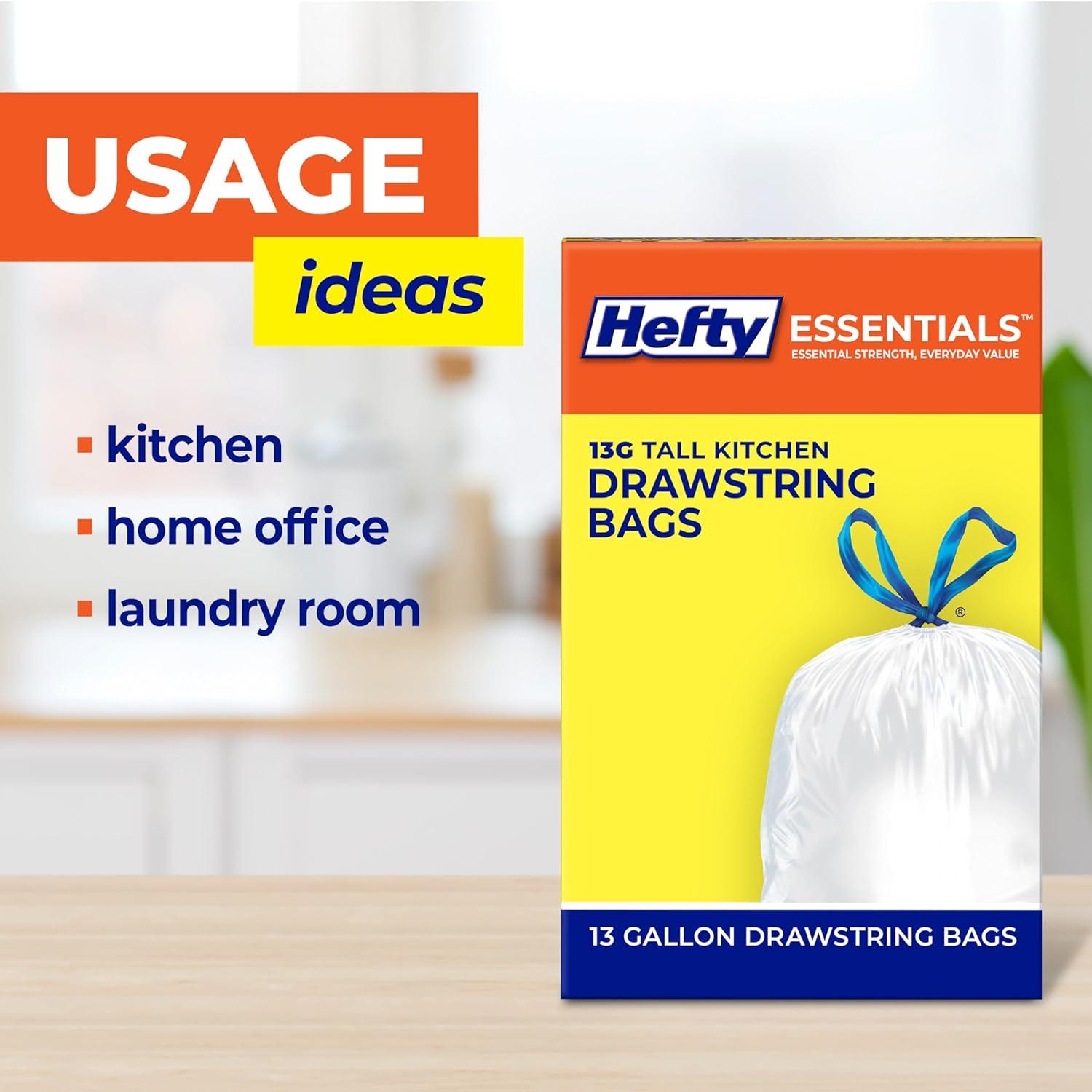imageHefty Essentials Drawstring 13 Gallon Kitchen Trash Bags 45 Count Tall Unscented Trash Bags for Kitchens Home Offices or Laundry Rooms Easy to Tie Lift and Carry White