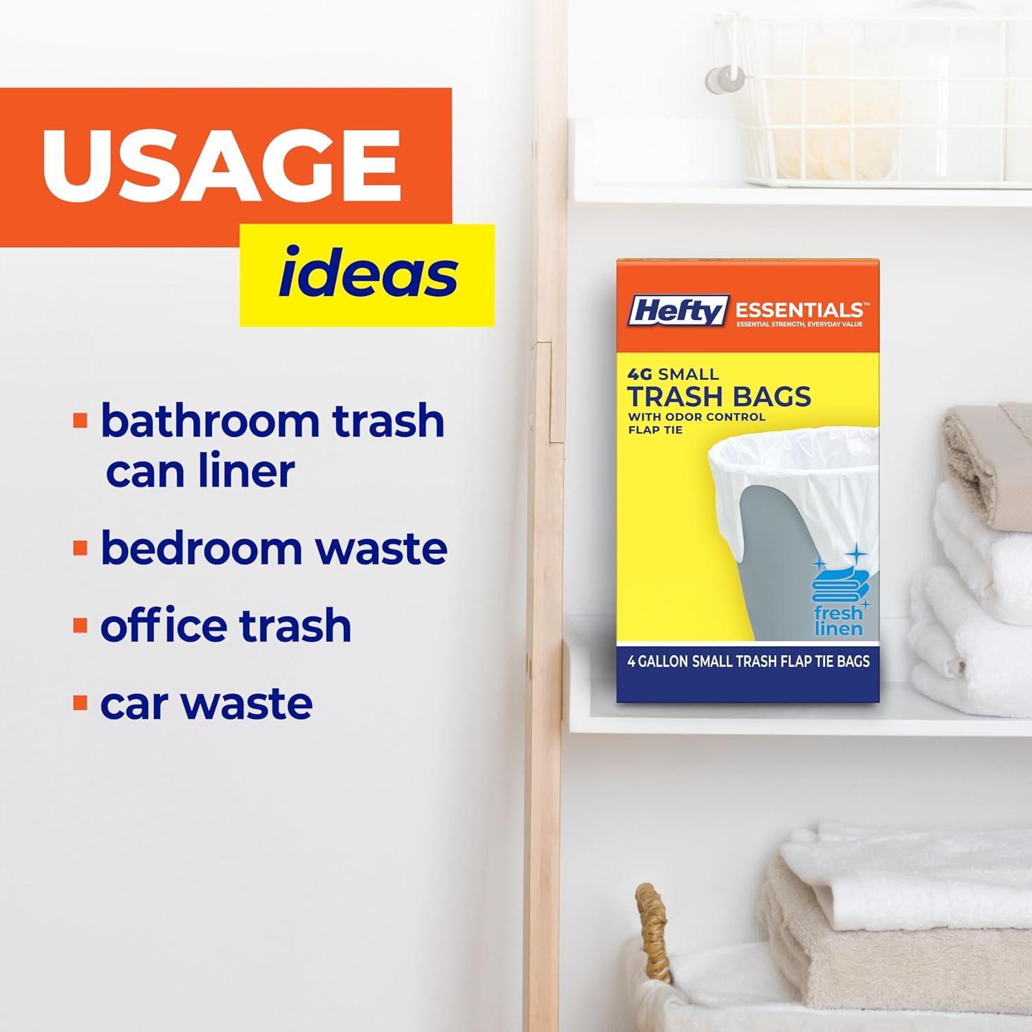 imageHefty Essentials Flap Tie 4 Gallon Trash Bags 52 Count Small Scented Trash Bags for Bathrooms Bedrooms Dorm Rooms Home Offices and More Fresh Linen Scent White