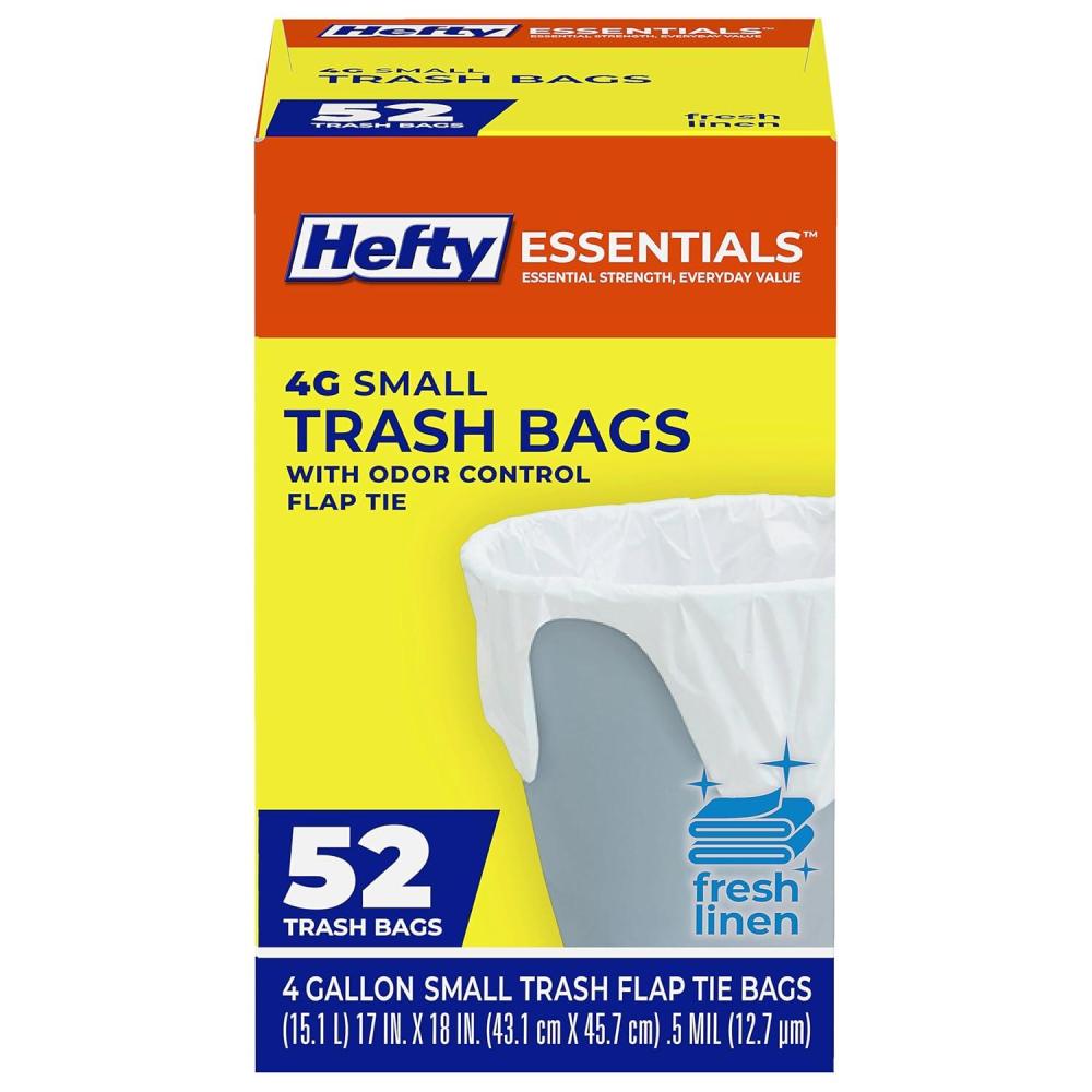 imageHefty Essentials Flap Tie 4 Gallon Trash Bags 52 Count Small Scented Trash Bags for Bathrooms Bedrooms Dorm Rooms Home Offices and More Fresh Linen Scent White