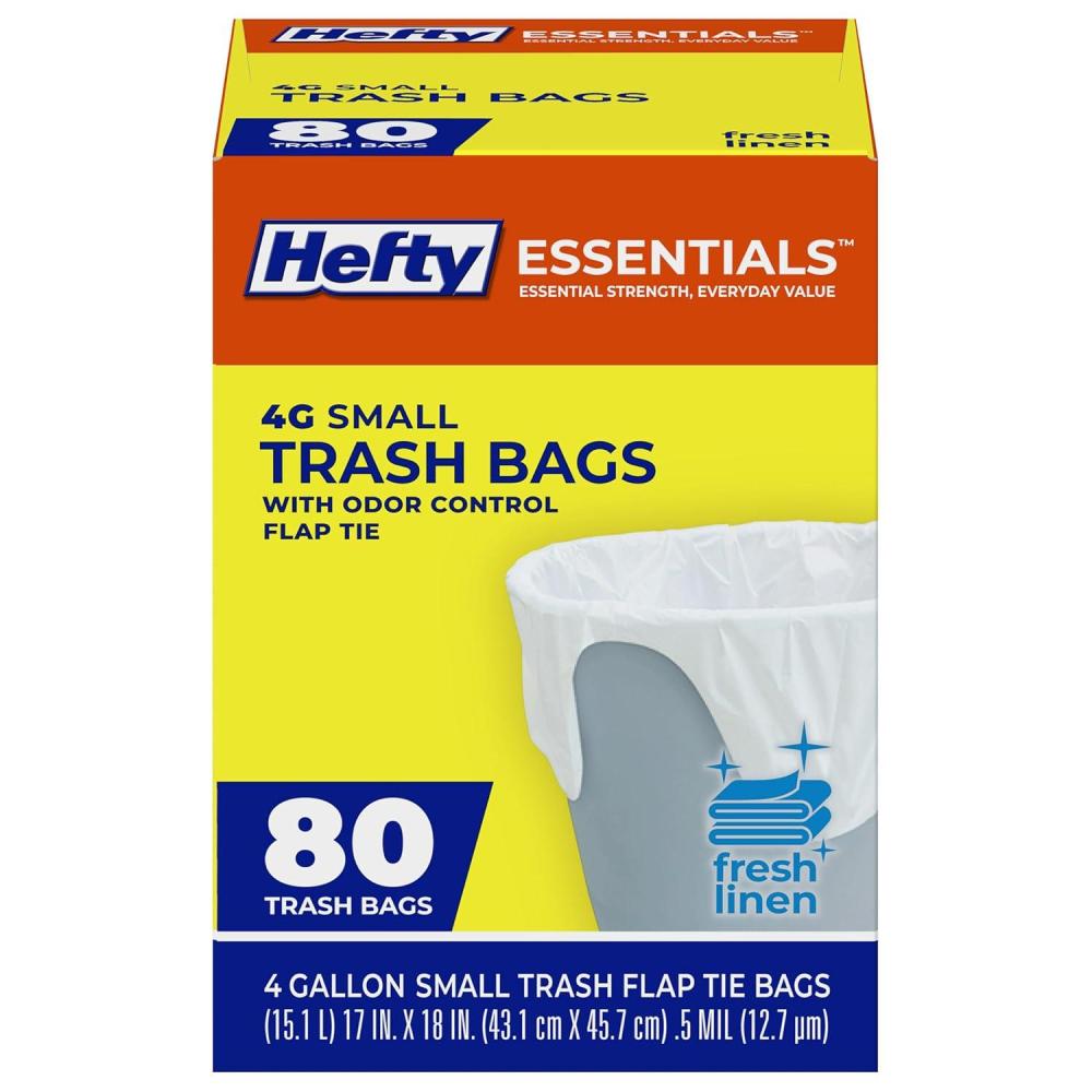imageHefty Essentials Flap Tie 4 Gallon Trash Bags 80 Count Small Scented Trash Bags for Bathrooms Bedrooms Dorm Rooms Home Offices and More Fresh Linen Scent White