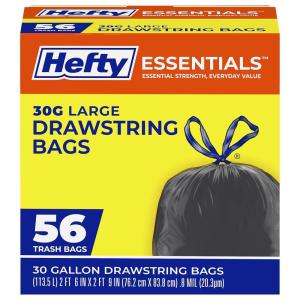 image:imageHefty Essentials Drawstring 30 Gallon Trash Bags 56 Count Bulk Black Garbage Bags for Garages Parties Large Trash Items and More Scent Free Black