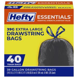 image:imageHefty Essentials Extra Large 39 Gallon Trash Bags 40 Count Extra Large Trash Bags for Landscaping Yard Waste Basement Cleanouts Home Remodeling and More Scent Free Black