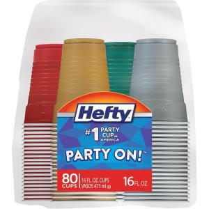 image:imageHefty Party On Disposable Plastic Party Cups 80 Count 16 Oz Cups in Assorted Colors for Gatherings Parties and More Textured Sides for Easy Gripping Strong and DurableFestive
