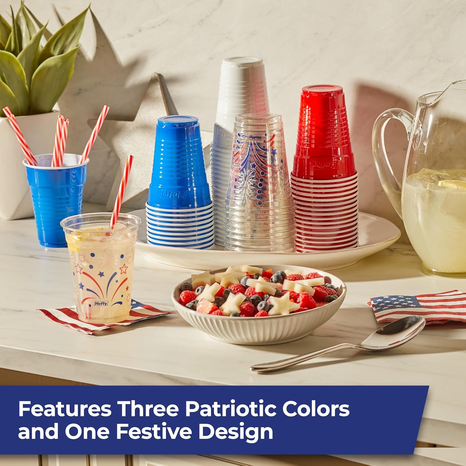 image:imageHefty Party On Disposable Plastic Party Cups 76 Count 16 Oz Cups in Assorted Patriotic Colors and 18 Oz Clear Cups with Festive Firework Print for Fourth of July Celebrations and Summer EntertainingPatriotic
